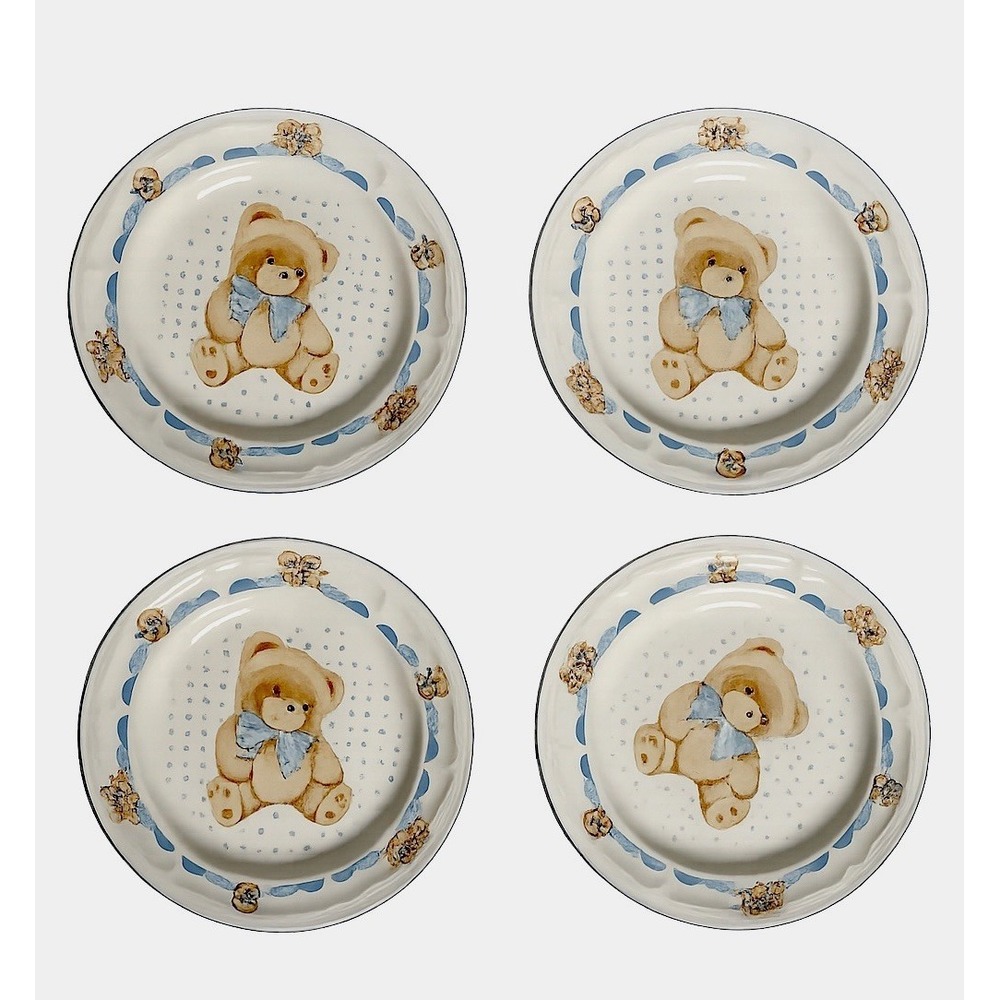 Set of 4 Vintage Tienshan Country Bear Theodore Teddy Stoneware 8" Salad Dessert